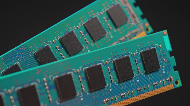 RAM memory sticks module macro view, computer hardware. RAM shortage and prices increase due AI boom high demand concept. AI data center and server manufacturing is consuming immense amounts of memory