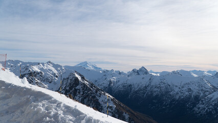 Fototapeta premium Mountain Ski Resort Bariloche Patagonia Winter Snow Snowboarding Cerro Catedral Ski Sports Cold Landscape Sunset Scenic View Argentina South America Travel Destination Adventure