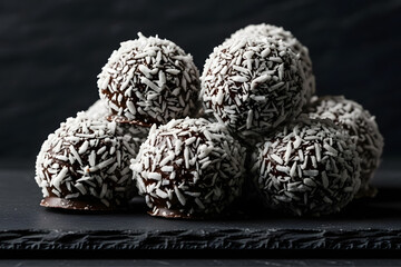 Fototapeta premium A tempting pile of chocolate rum balls, coated in coconut flakes, rests on a black slate board against a dark background.