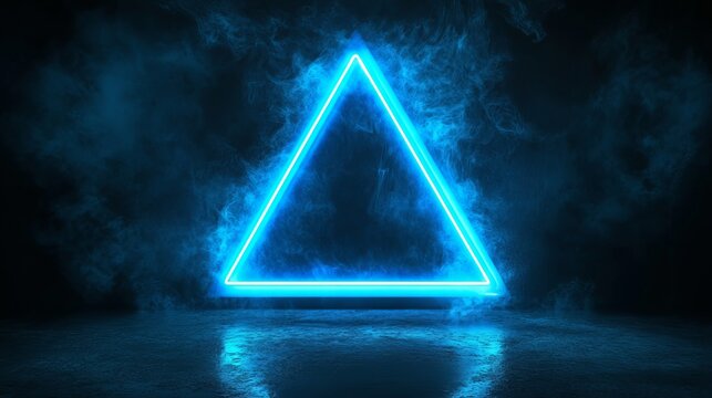 A bright blue neon triangle glows in a dark room with smoke and fog