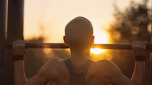 Person does pull-ups at sunset in a park with warm light creating a glowing effect in the background while exercising outdoors