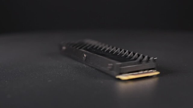 High Speed M.2 SSD for PC. Computer hardware shortage concept. M.2 and NVMe Storage memory chips used in AI models with training data and Cloud Computing in processing servers.