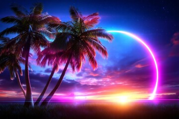 Obraz premium Neon Tropical Beach Scene with Psychedelic Sunset and Palm Trees