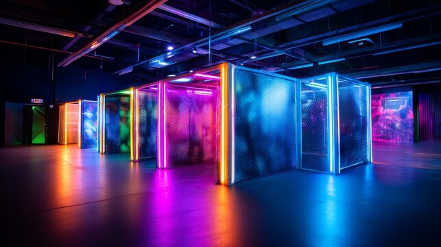 Neon Laser Tag Arena with Barriers and No Players in Evening Setting