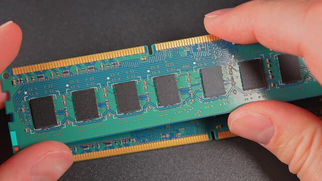RAM memory sticks module macro view, computer hardware. RAM shortage and prices increase due AI boom high demand concept. AI data center and server manufacturing is consuming immense amounts of memory
