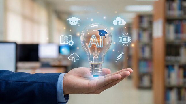 Businessman's hand holding a glowing light bulb representing artificial intelligence integration into modern education and future learning technology.