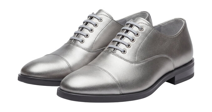 Metallic silver leather oxfords with cap toe and lace-up front