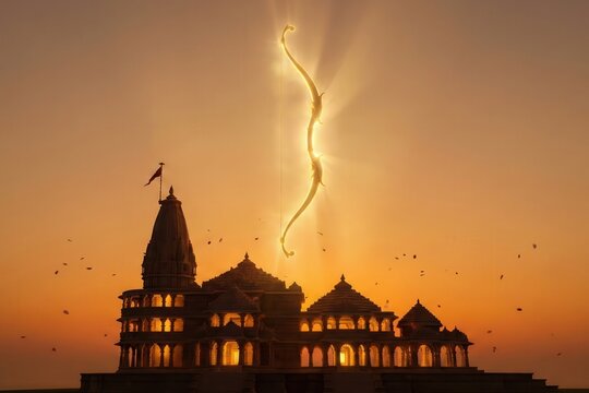 Lord Rama Ayodhya Temple Glow &ndash; Spiritual Sunset Background for Devotional Poster
