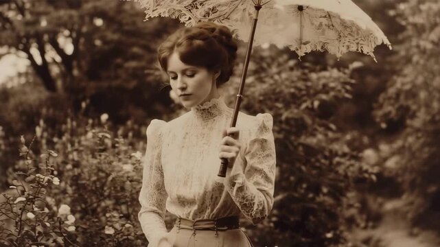 Woman holding a lace umbrella in a garden filled with flowers during the early 1900s while wearing a vintage dress with a high neckline and puffed sleeves