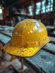 Dirty Yellow Construction Hard Hat on Wooden Workbench &ndash; Workplace Safety Conce