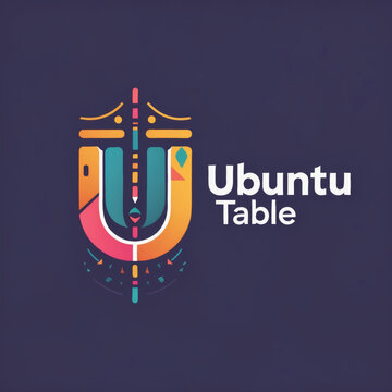 Stylized colorful logo features a tribal U-shaped icon with the text Ubuntu Table. Vibrant African-inspired patterns and geometric shapes stand out against a dark purple background.