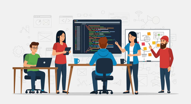 Team of developers collaborating on a coding project.