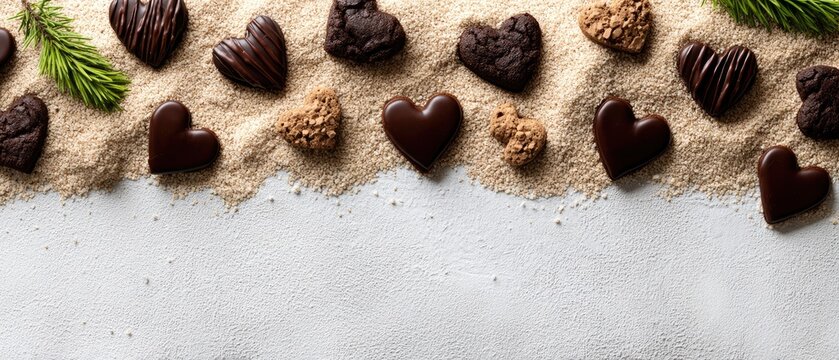 Chocolate in heart shape sits on beige surface with cocoa powder inside, perfect for dessert ideas or baking projects