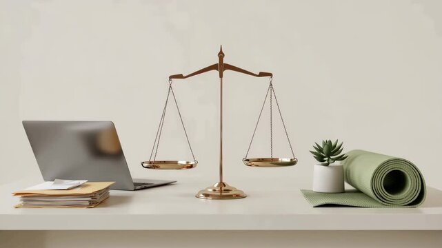 The Scales of Balance: A symbolic representation of balance and harmony features a golden scale set amidst modern elements, subtly hinting at the intersection of law, life and well-being. 