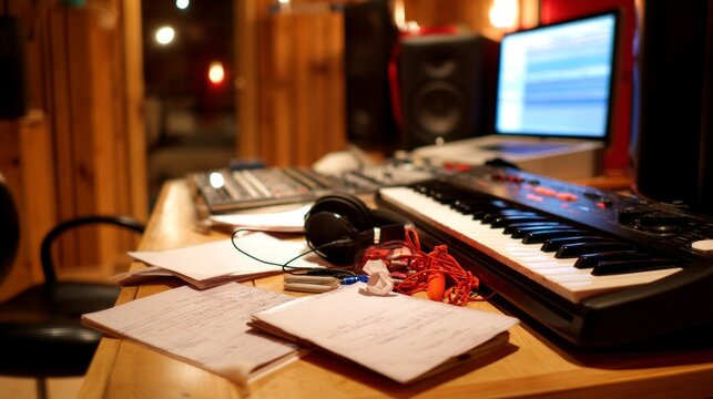 Intimate Music Production Room with Ambient Lighting at Night