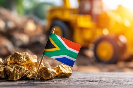 South Africa Mining Industry with Flag and Gold Ore in Focused Background