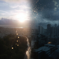 Fototapeta premium Split view of urban landscape showing sunny cityscape on one side and rainy skyline with raindrops on glass on the other, capturing contrasting weather conditions