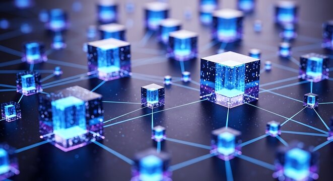 Abstract digital network, glowing blue cubes interconnected by lines on a dark surface