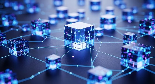 Abstract digital rendering showing interconnected glowing cubes, symbolizing network data flow