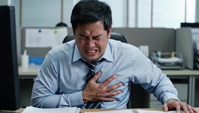 Asian man experiencing chest pain while sitting at desk in modern office environment
