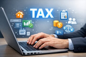 Fototapeta premium Navigating Taxes with Tech: A professional in a suit uses a laptop to manage tax-related finances, symbolizing modern solutions for tax season.