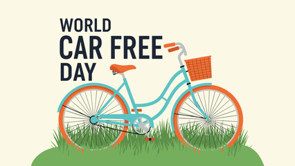 Blue vintage bicycle with an orange basket parked on green grass for world car free day celebration and environmental awareness.
