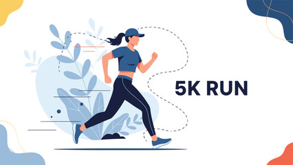 Fototapeta premium Determined young woman athlete jogging outdoors for a 5K run with abstract plants and dynamic speed lines in the background.