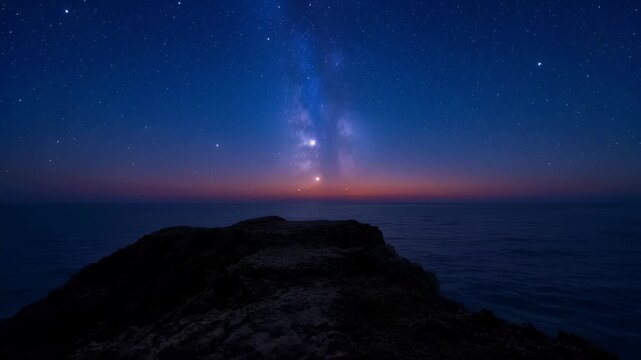 Beautiful Milky Way and Starry Night Sky Over the Ocean from Rocky Cliffs