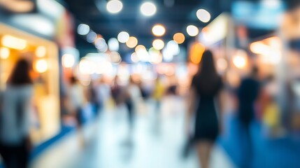 Fototapeta premium A blurred view of people walking through a busy shopping mall with bright lights