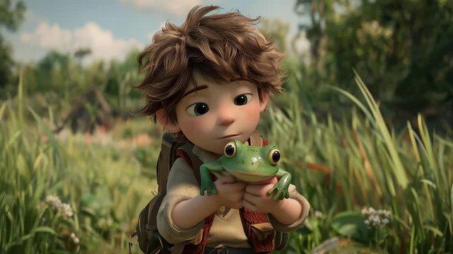 Child with brown hair holding a green frog in tall grass during daylight