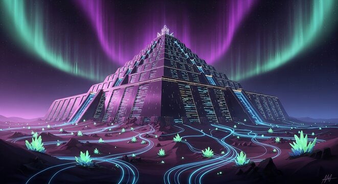 Futuristic bioluminescent Ziggurat of Ur standing in a desert landscape under a nebula sky at night