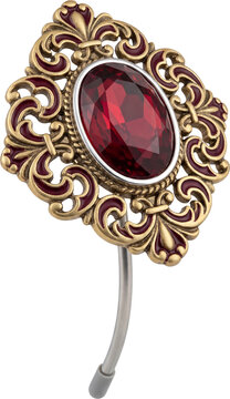 Baroque-style hairpin with ornate scrollwork and faux ruby