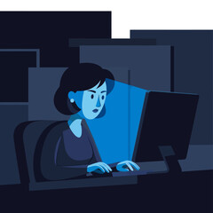 Woman Working Late on Computer.