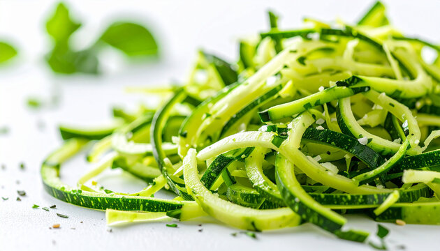 Shredded zucchini on white background, vibrant fresh green, healthy cooking ingredient, appetizing
