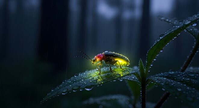 Glowing Firefly on Wet Leaf with Water Droplets in Dark Rainy Night
