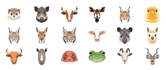 Obraz premium Collection of diverse animal faces including cow, frog, and giraffe