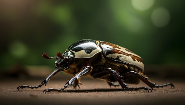 Macro Shot of a Goliath Beetle Crawling on a Dark Surface with a Blurred Green Background