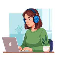 Woman Working on Laptop with Headphones.
