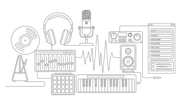 Outline illustration of music production studio equipment and sound wave.