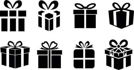 Collection of black and white gift box icons with ribbons