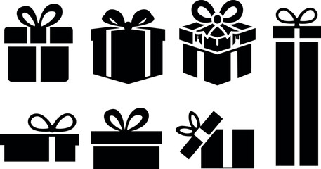 Collection of black and white gift box icons with ribbons