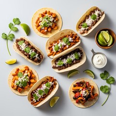 An overhead shot of various delicious tacos with different fillings, garnished with cilantro and onions, served with lime and sour cream.