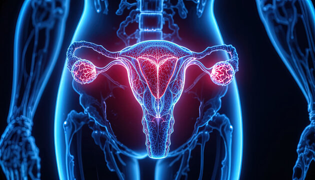 Glowing internal anatomy highlights female reproductive system structures within a skeletal outline