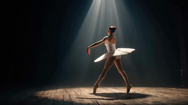 Dancer performs solo on stage under spotlight in an empty theater in the evening