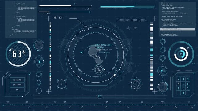 Animation of a high-tech display with satellite location tracking