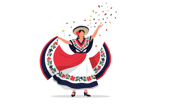 Traditional Mexican dancer wearing a colorful ruffled dress and straw hat performing while festive confetti falls from above.