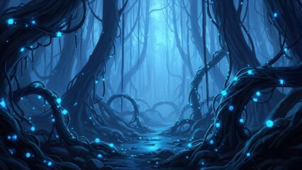 Naklejka premium Enchanted glowing forest with blue bioluminescent plants and twisted trees at night, fantasy.