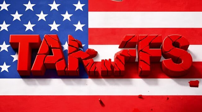 3D tariffs text on American flag smashed by justice gavel, economic regulation and global trade law concept