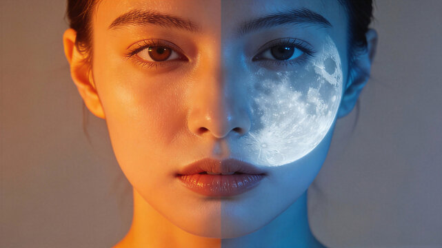 Woman with moon superimposed on half her face in split warm and cool lighting. Artistic portrait symbolizing spring equinox balance between day and night. Duality and renewal concept for seasonal