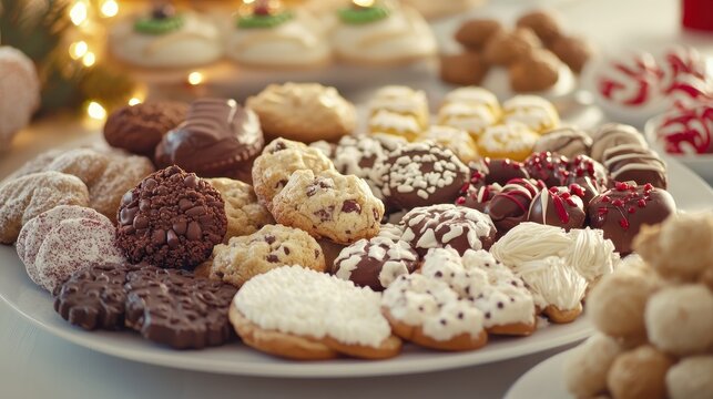 A delightful assortment of festive holiday cookies and assorted baked treats arranged on a plate with soft lighting